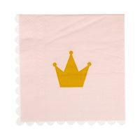 Close-up of a gold foil crown icon on a pink Fairytale Table Accents napkin.