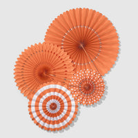 A cluster of four Tropical Party Fans in orange, coral, and white, showing the 3D Paper Fan Wall Idea layering.