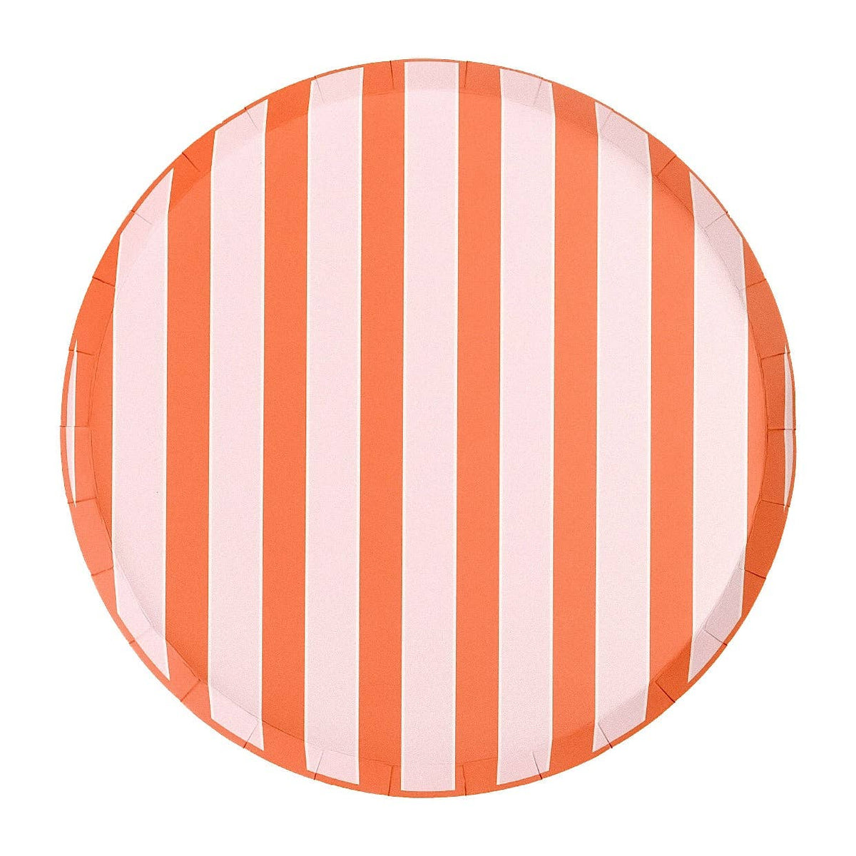Full coral stripe dinner plate centered on a white background, photographed directly from above. Stripes run vertically (this is the diagonal print oriented top-to-bottom). Approximately 9 alternating coral-orange and pale pink stripes visible. Clean round edge, solid coral rim. Full 10.5" diameter visible.