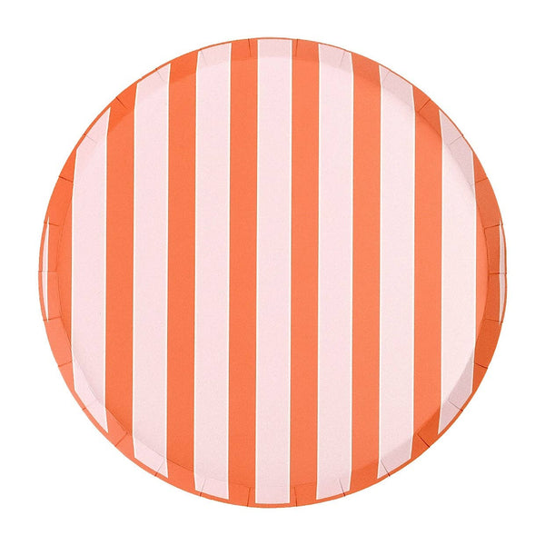 Full coral stripe dinner plate centered on a white background, photographed directly from above. Stripes run vertically (this is the diagonal print oriented top-to-bottom). Approximately 9 alternating coral-orange and pale pink stripes visible. Clean round edge, solid coral rim. Full 10.5" diameter visible.