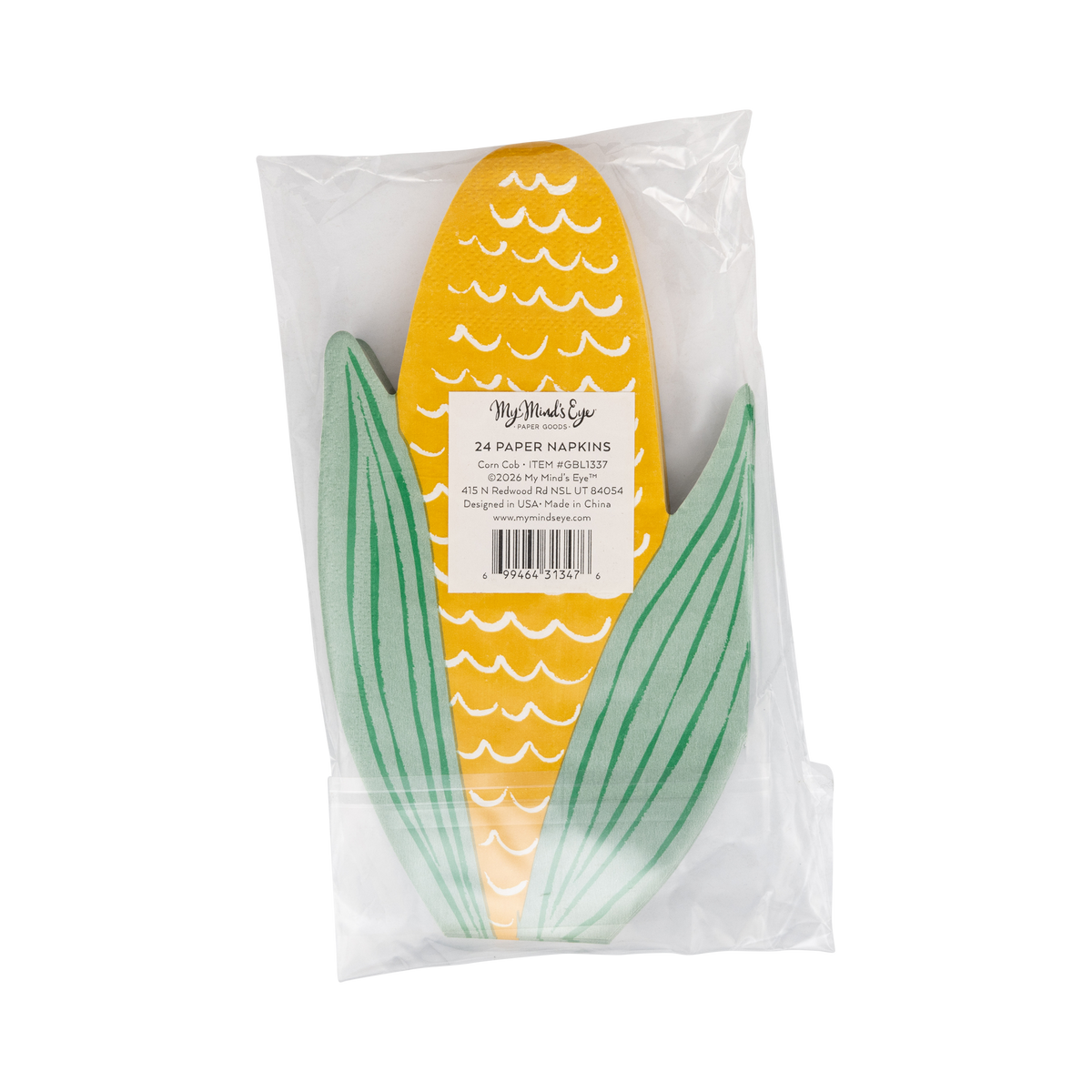 Pack of paper napkins shaped like corn with My Mind's Eye label and other informations, back view.