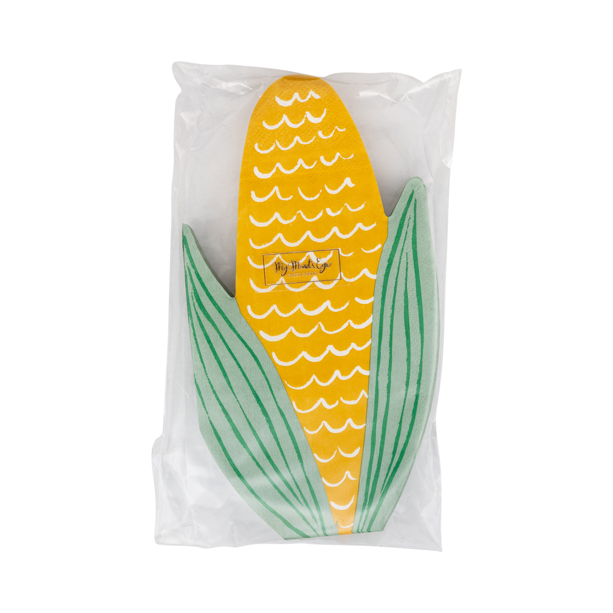 Packaged stack of 24 corn-shaped napkins fanned on a clear packaging with My Mind's Eye label.