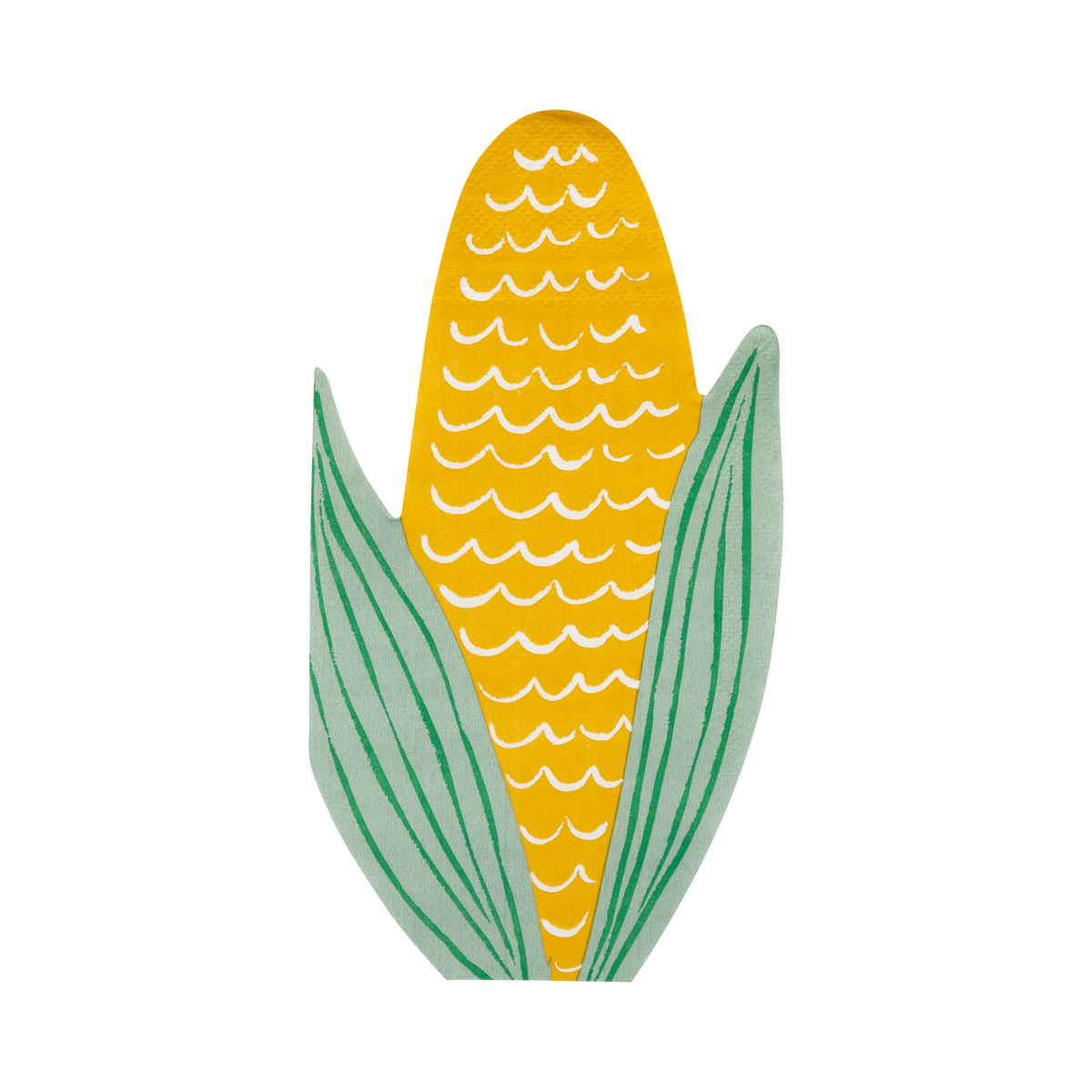 Die-cut corn-shaped paper napkin in yellow and green, front view.