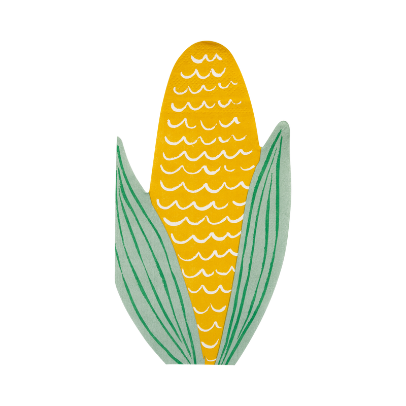 Die-cut corn-shaped paper napkin in yellow and green, front view.