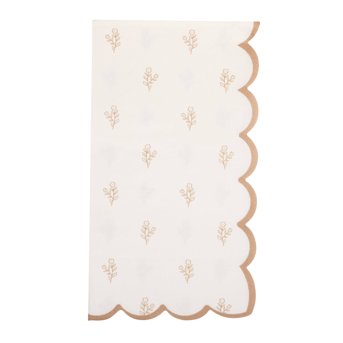 Cream floral scalloped Easter paper dinner napkin with brown botanical pattern