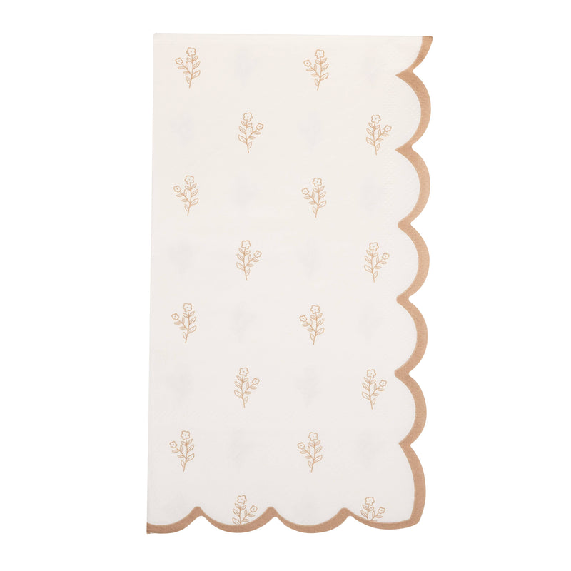 Cream floral scalloped Easter paper dinner napkin with brown botanical pattern