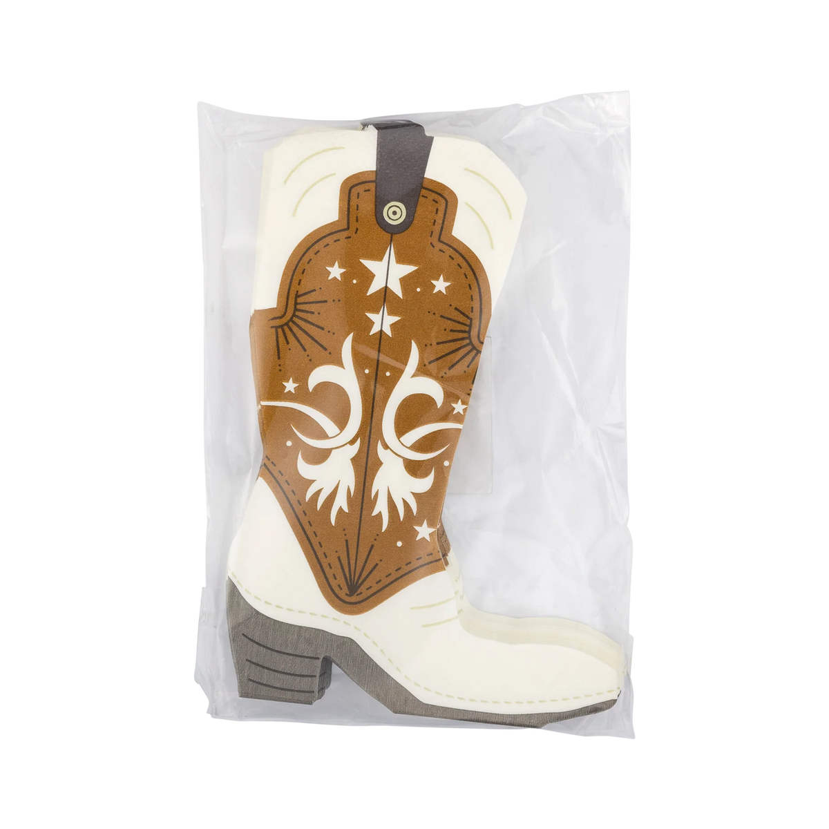 Front package of boot-shaped paper napkins with star and scroll details.