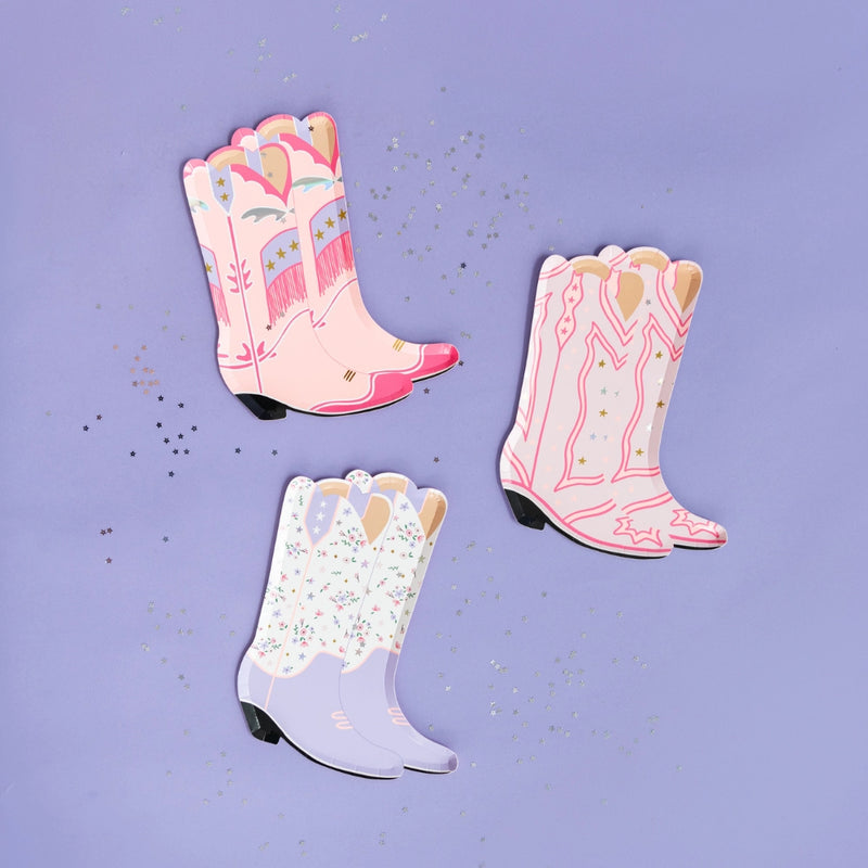 Three cowgirl boot plates in pink and purple with foil accents on lavender background—set includes four designs