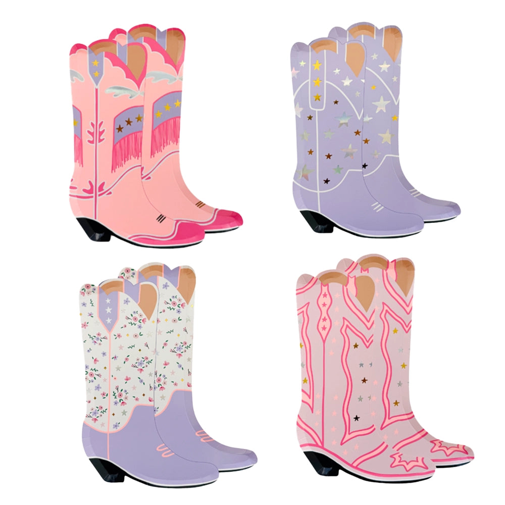 Isolated product grid of four cowgirl boot plate designs—two pink styles and two purple styles.