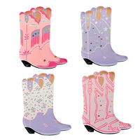 Isolated product grid of four cowgirl boot plate designs—two pink styles and two purple styles.