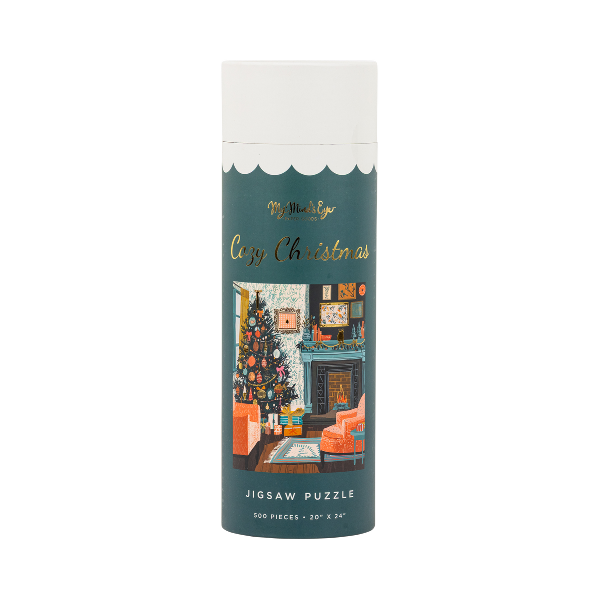 Cozy Christmas 500 piece jigsaw puzzle tube with a cozy Christmas scene and gold foil accents