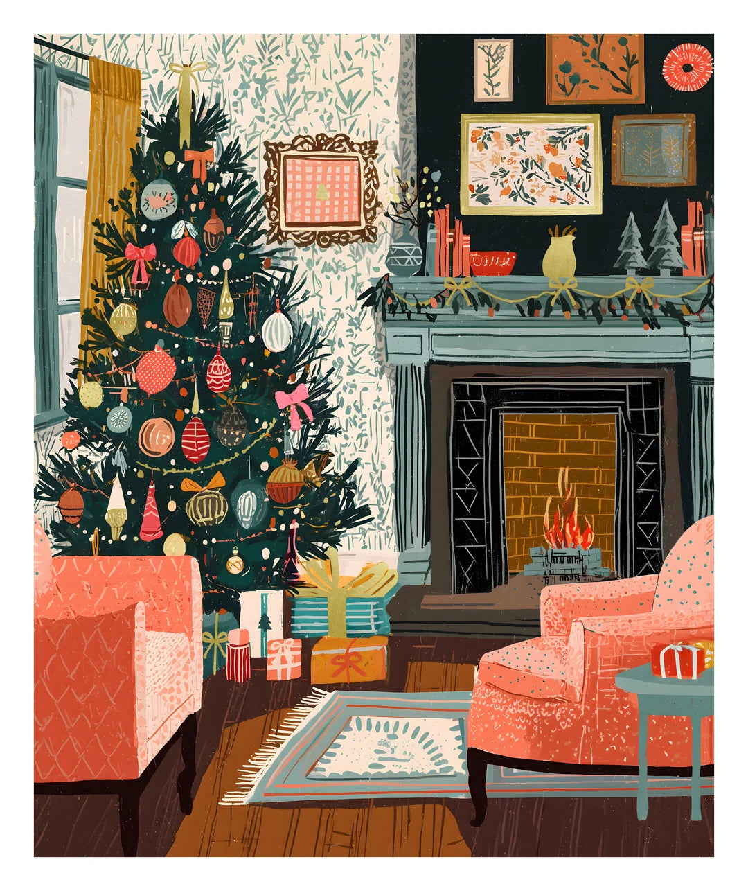 Christmas living room jigsaw puzzle design with a decorated tree and presents, a lit fireplace with garland on the mantel, pink armchairs and framed art on patterned walls