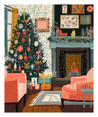 Christmas living room jigsaw puzzle design with a decorated tree and presents, a lit fireplace with garland on the mantel, pink armchairs and framed art on patterned walls