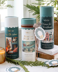 Back of the Cozy Christmas puzzle tube showing product details and barcode