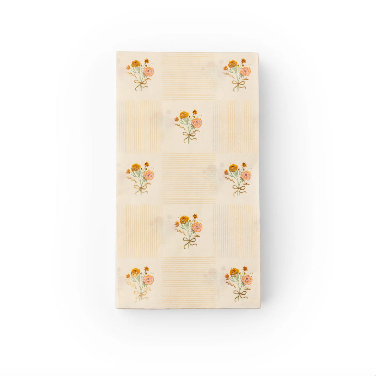 Single guest towel, front view, with alternating check and floral blocks.