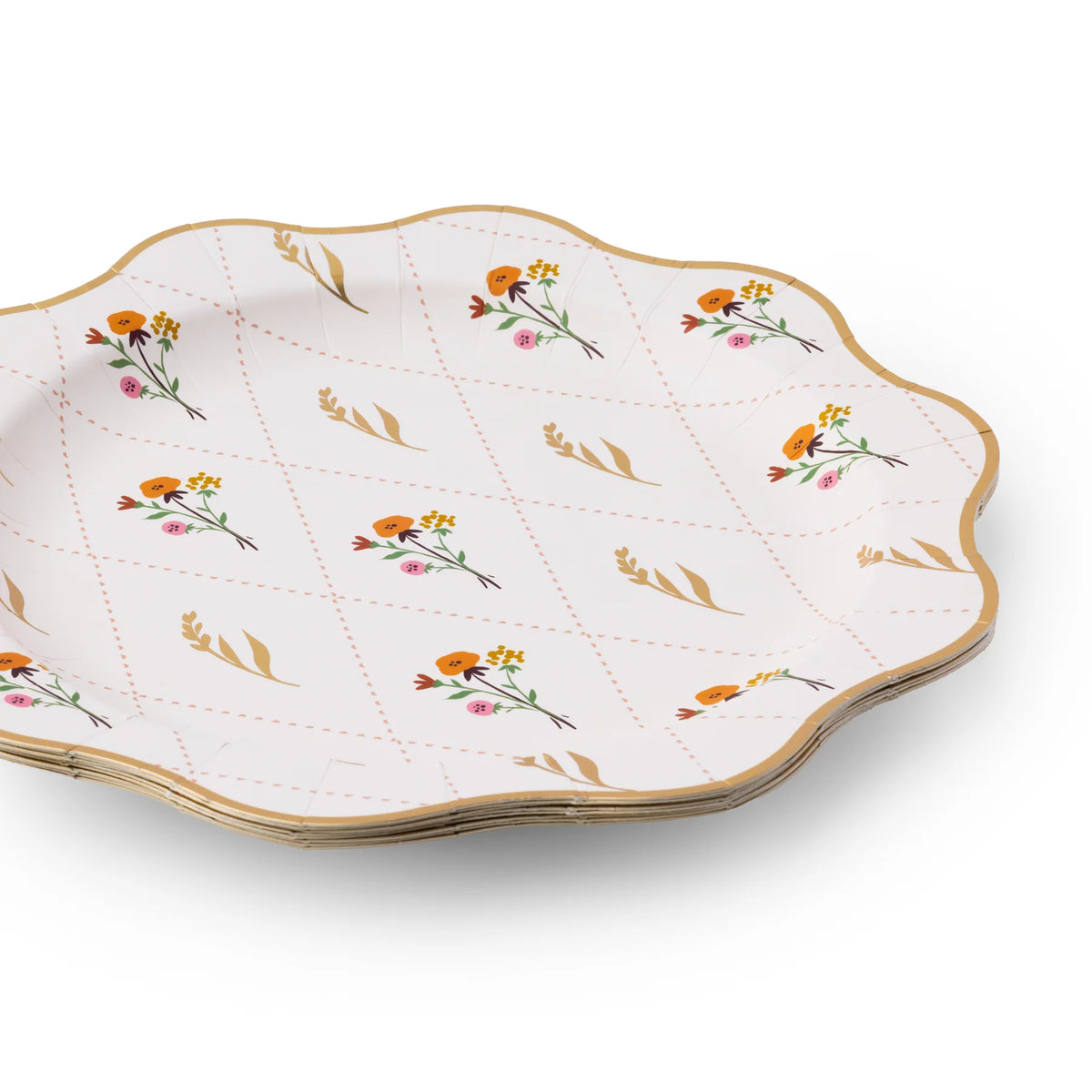Side angle of a floral dinner plate showing scalloped rim and gold-foil edge.