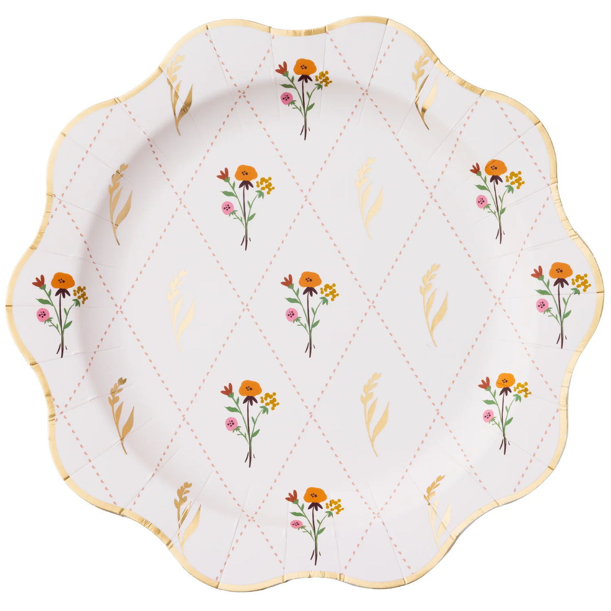 Single round dinner plate with cozy fall floral pattern and gold rim, front view.