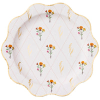 Single round dinner plate with cozy fall floral pattern and gold rim, front view.