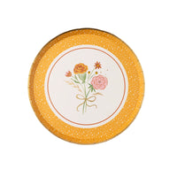 Single round dessert plate with dotted orange border and vintage floral bouquet, front view.