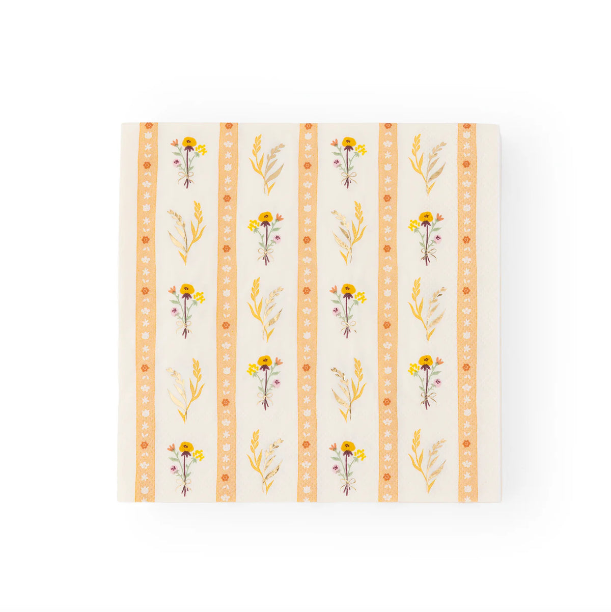 Single folded lunch napkin with vintage floral-stripe pattern, front view.