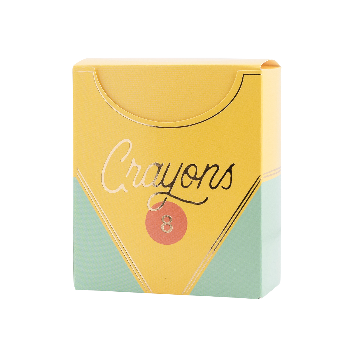 Single assembled closed crayon box-shaped treat box on white background. Fully constructed yellow and mint green box with flip-top lid open slightly. Gold foil "Crayons" script, orange circle badge with "8," silver/gold foil accent lines visible.