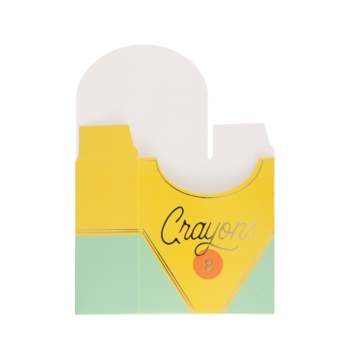 Single unassembled flat crayon treat box on white background, front-facing. Die-cut open top clearly shows the two-scallop cutout. Yellow upper section with "Crayons" in black script and "8" on orange badge, mint green lower panel.