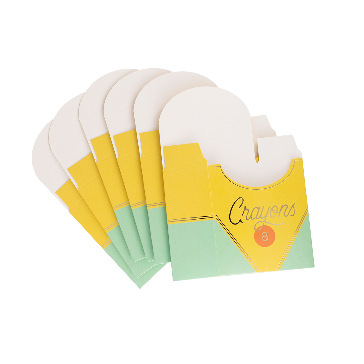 Six unassembled crayon treat boxes fanned out against a white background, showing the flat die-cut shape — yellow upper section with "Crayons 8" script and characteristic open-top scalloped silhouette, mint green lower section.