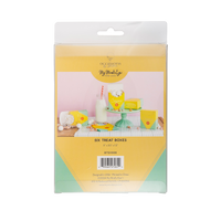 Front of retail packaging for six crayon box-shaped treat boxes. Clear plastic sleeve with yellow and mint green header card showing the assembled boxes styled with a glass milk bottle, candy, and a mint green cake stand against a pink background. Header reads "Six Treat Boxes / 3" x 3.5" x 1.5" / BTS1008."