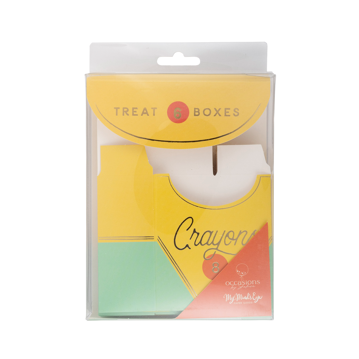 Close-up of retail header card showing flat-packed crayon-shaped treat boxes inside clear sleeve. Header card printed in yellow with "Treat 6 Boxes" text and an orange circle. Partially visible flat box shows yellow and mint green print with "Crayons 8" in script.