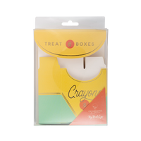 Close-up of retail header card showing flat-packed crayon-shaped treat boxes inside clear sleeve. Header card printed in yellow with "Treat 6 Boxes" text and an orange circle. Partially visible flat box shows yellow and mint green print with "Crayons 8" in script.