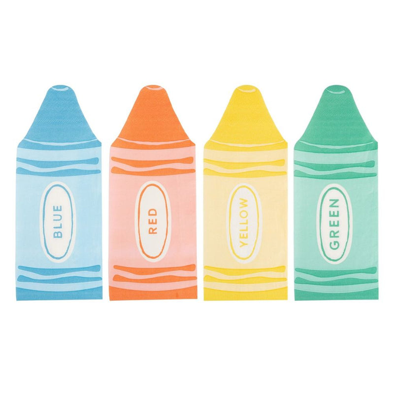 Crayon shaped dinner napkins in blue red yellow and green.
