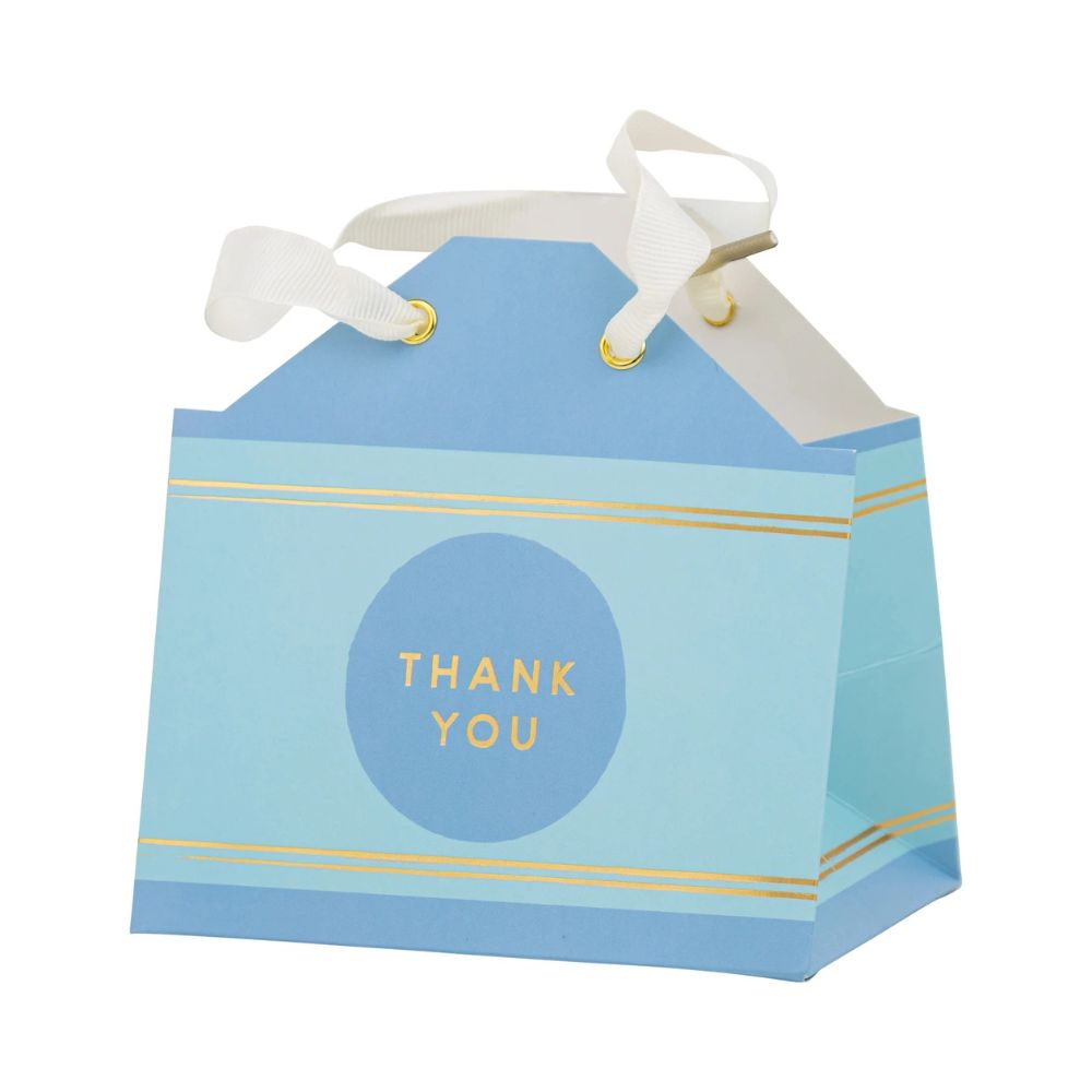 Close-up view of Crayon Mini Gift Bags featuring bright blue crayon pattern design and playful school theme