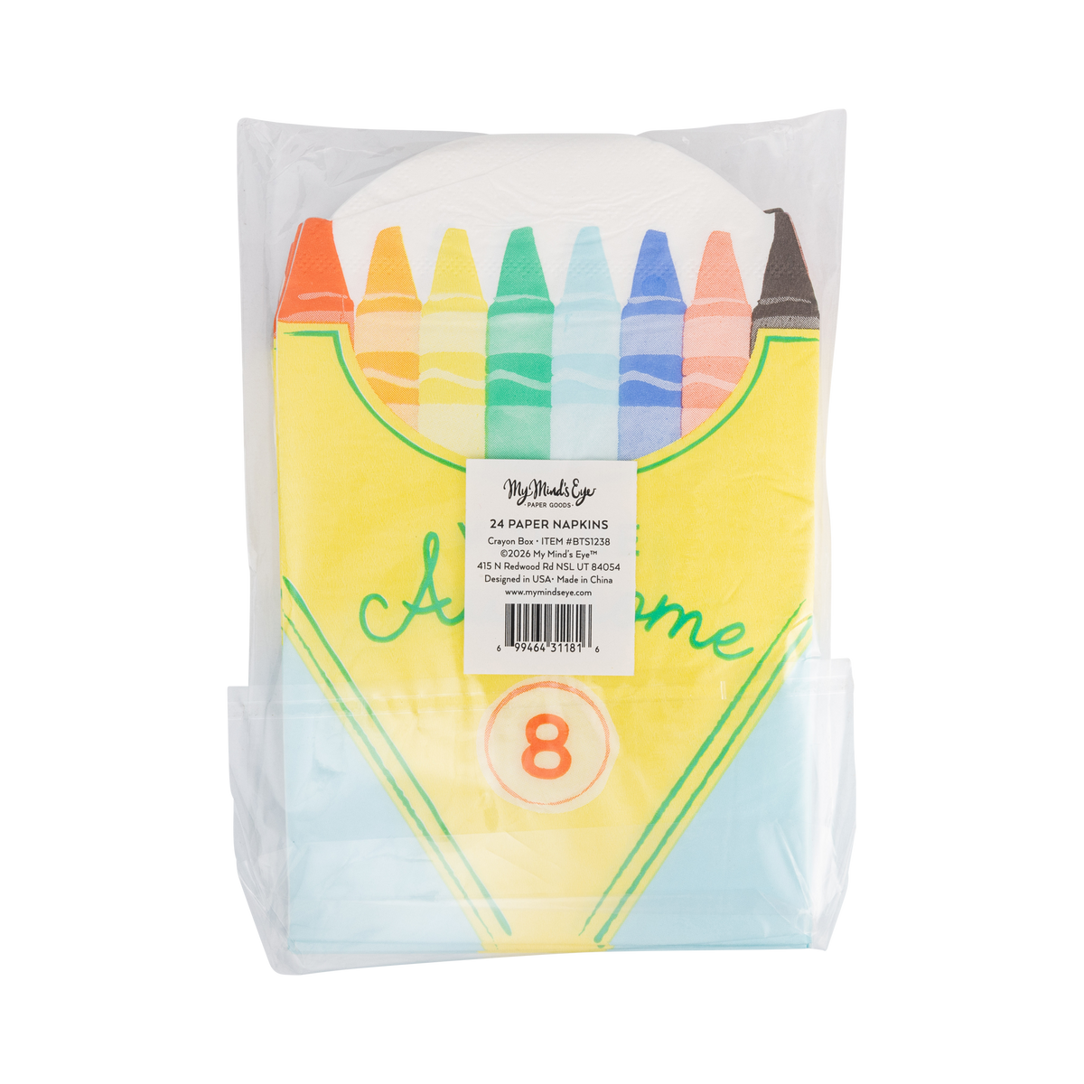 Colorful crayon party supplies with vibrant crayon design and packaging, back view.