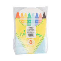 Colorful crayon party supplies with vibrant crayon design and packaging, back view.