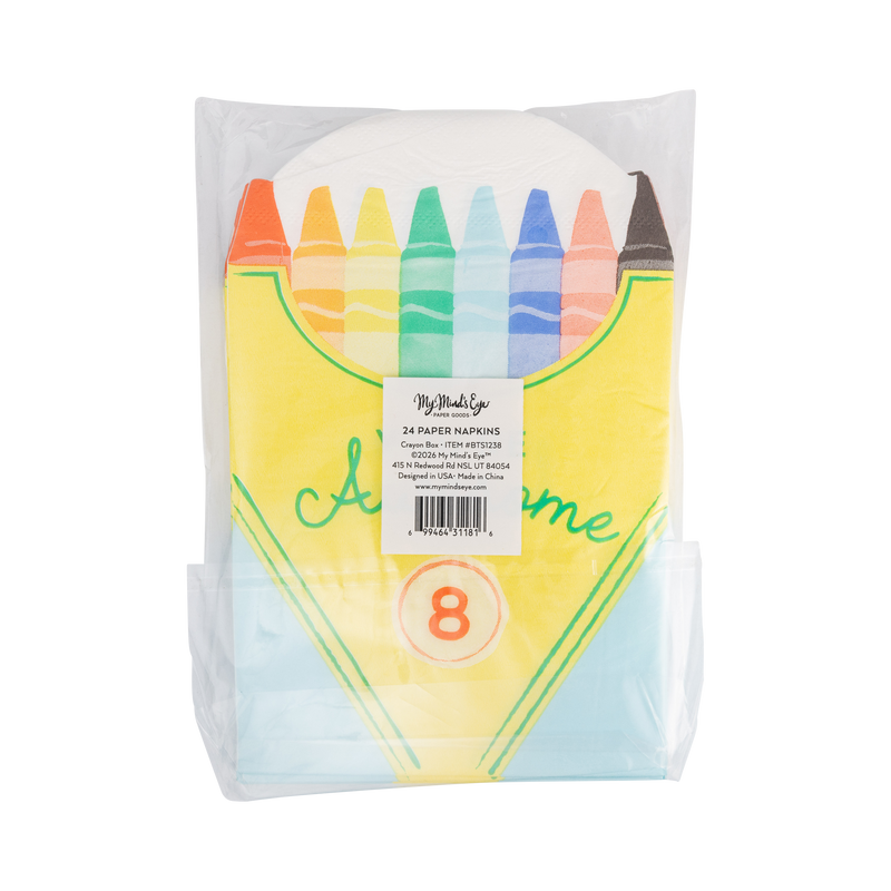 Colorful crayon party supplies with vibrant crayon design and packaging, back view.