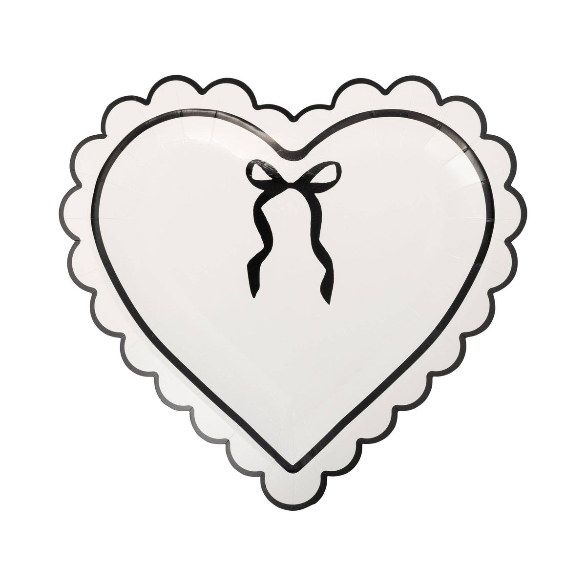 Cream heart-shaped paper plate with black scalloped border and bow design.