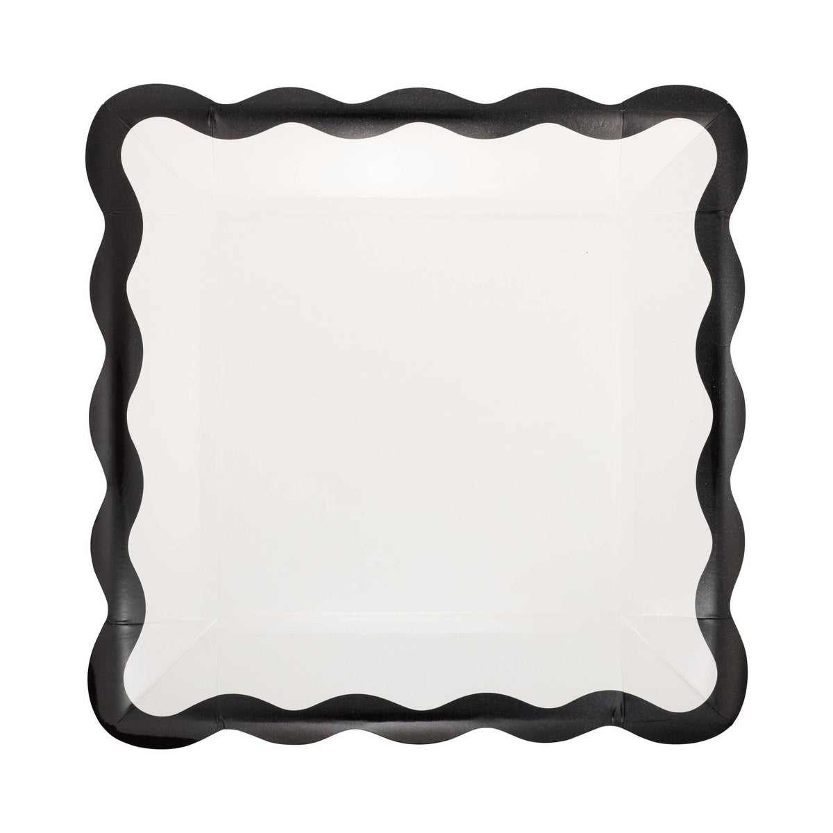 Cream square paper plate with black scalloped border.