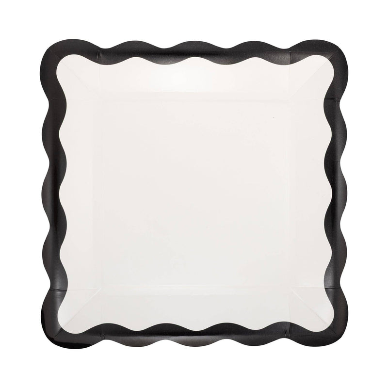 Cream square paper plate with black scalloped border.