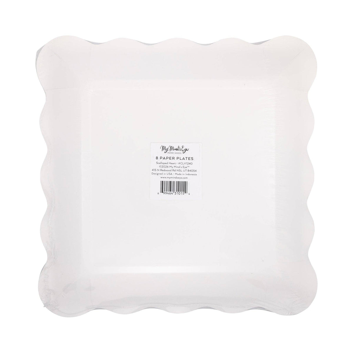 Back view of packaged scalloped square plates with label.