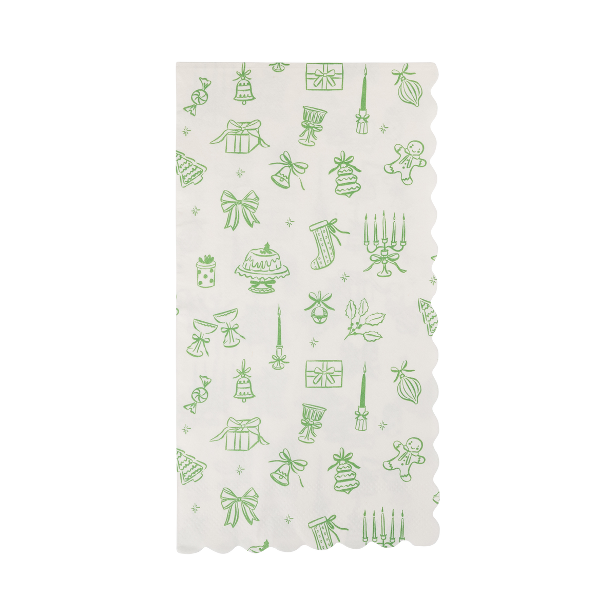 Cream Christmas dinner napkin with a green and pink happy icon pattern and scalloped edges