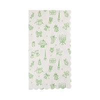 Cream Christmas dinner napkin with a green and pink happy icon pattern and scalloped edges