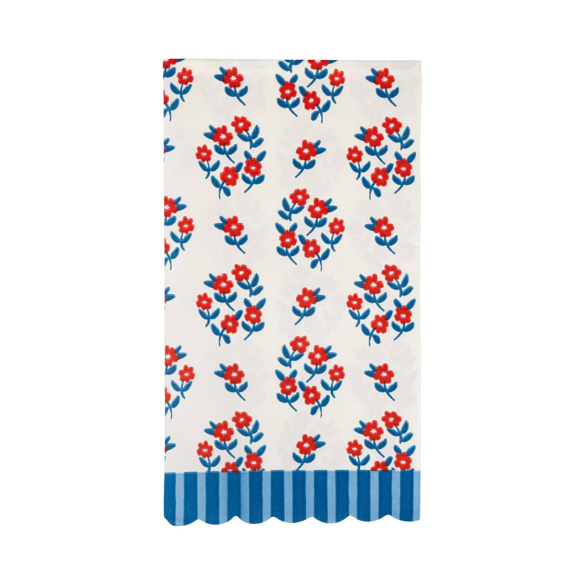 Single cream floral paper dinner napkin flat lay showing red flowers with blue leaves and blue striped scalloped edge