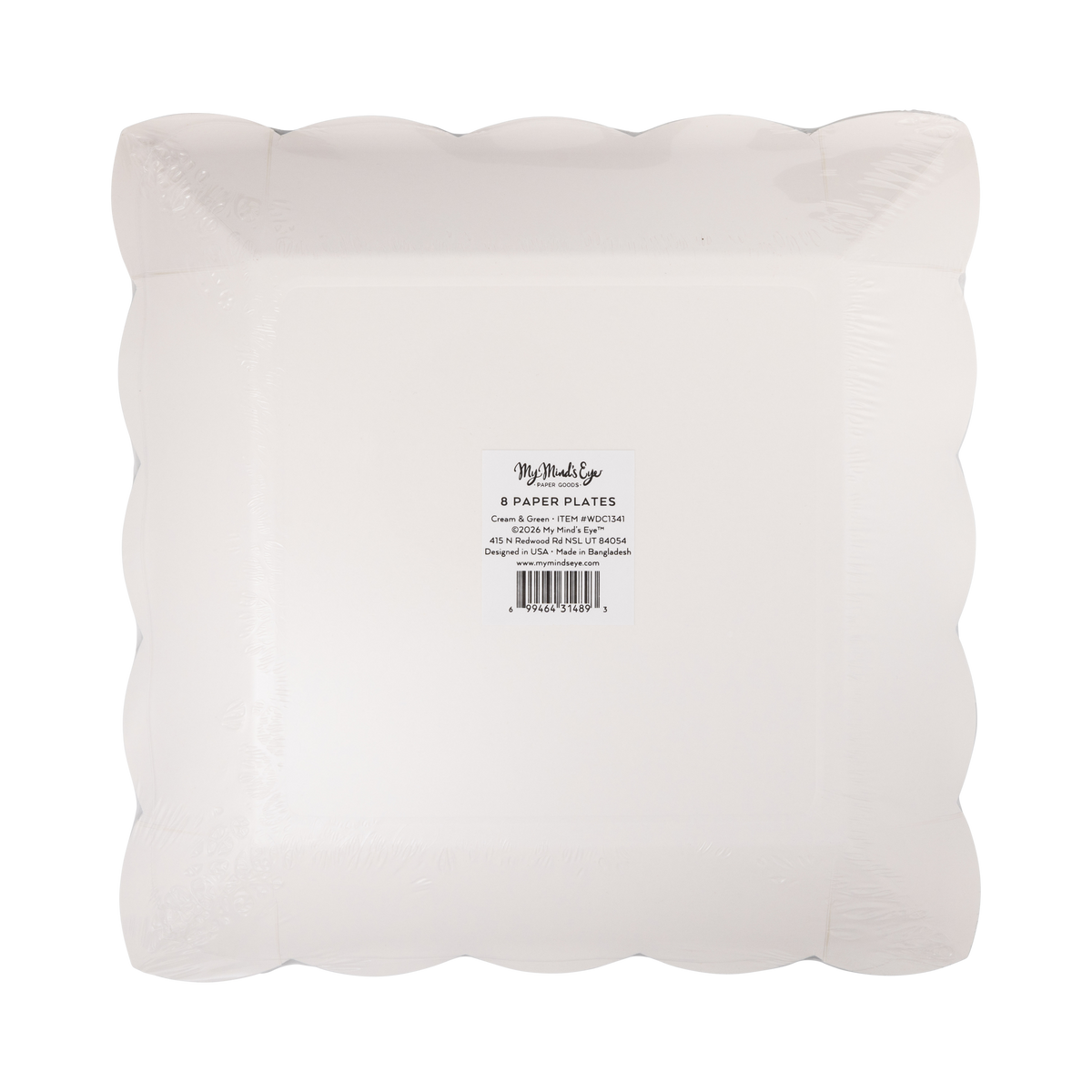 Back of a pack of 8 cream square scalloped paper plates in clear packaging