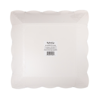 Back of a pack of 8 cream square scalloped paper plates in clear packaging
