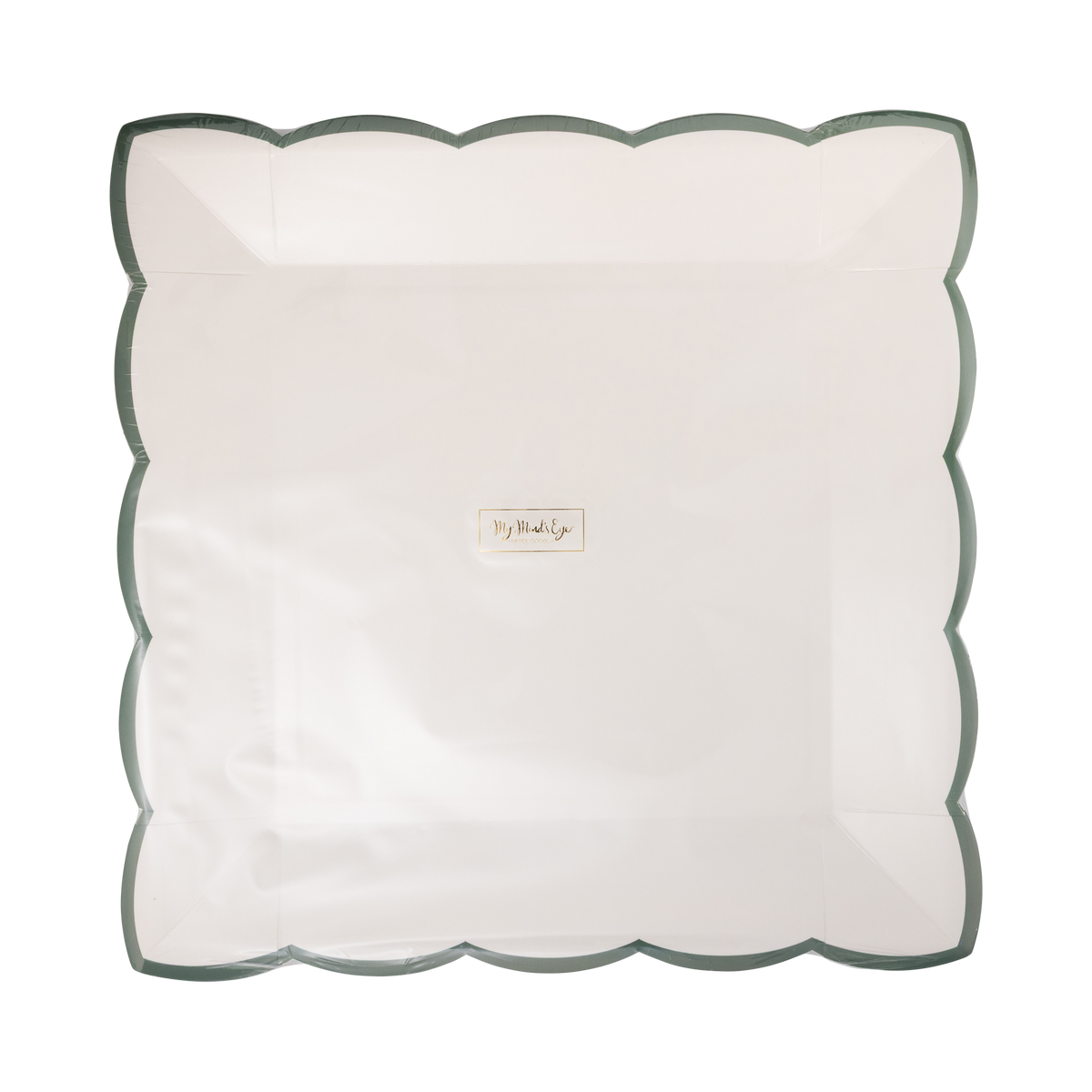 Pack of 8 cream square paper plates with a green scalloped edge in clear packaging, front view