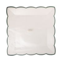 Pack of 8 cream square paper plates with a green scalloped edge in clear packaging, front view