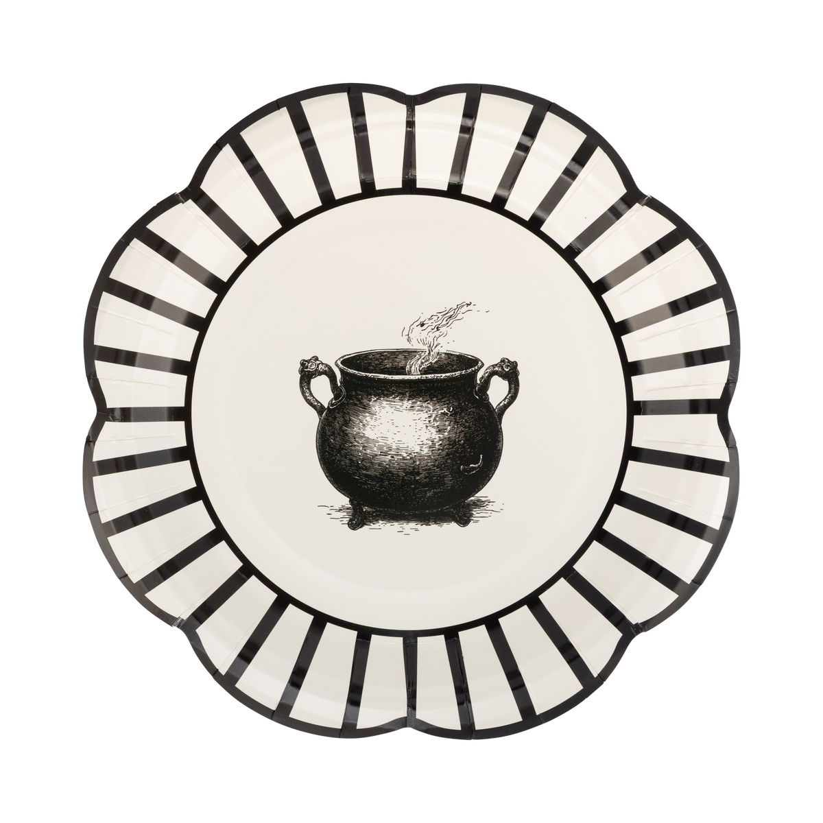 Decorative plate with black and white striped rim and central illustration of a cauldron.
