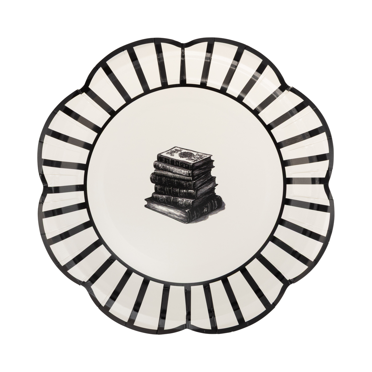 Decorative paper plate featuring a black-and-white striped border with a stack of spell books at the center.