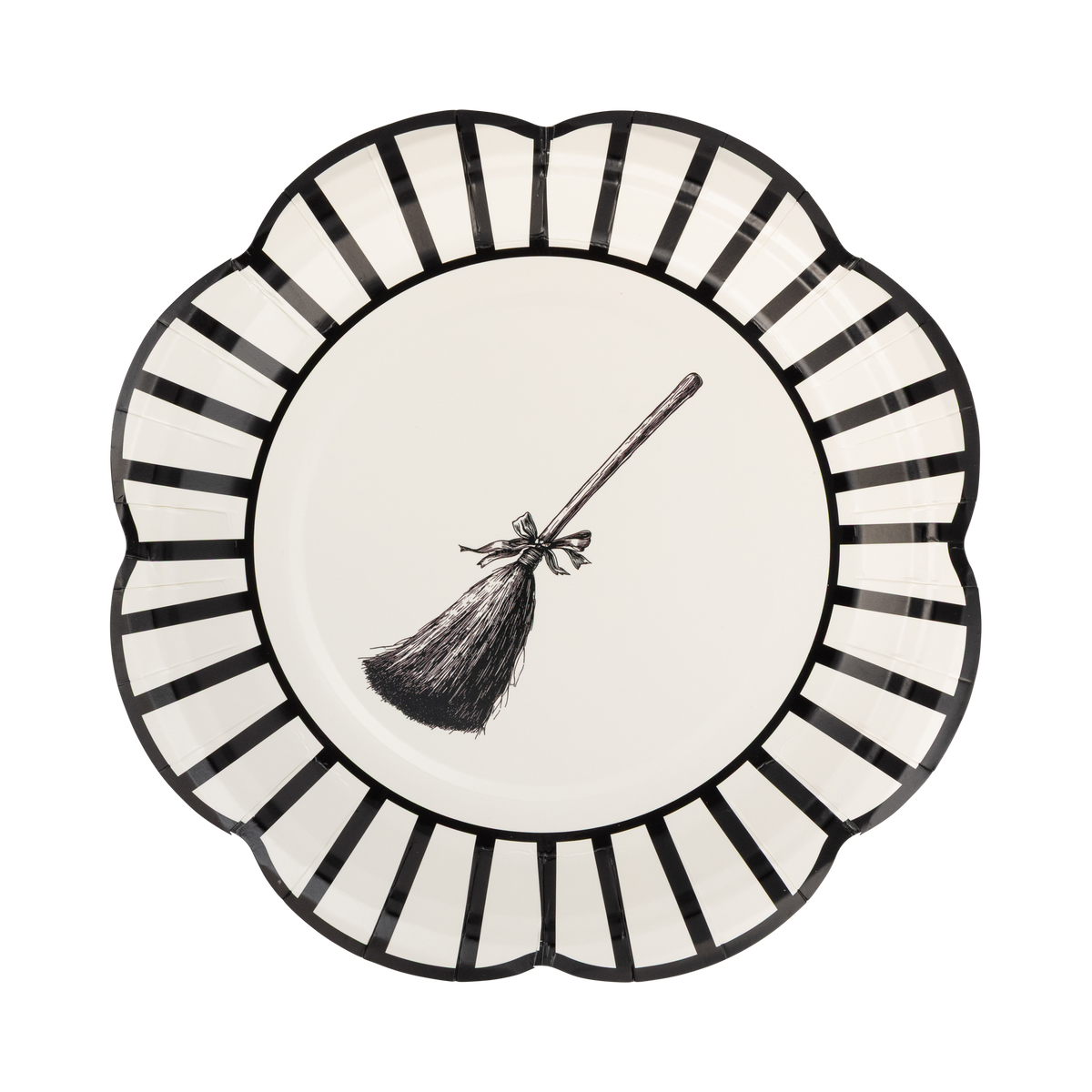 Designed with a classic black and white striped rim, this plate showcases an eye-catching witch broom illustration in the middle.