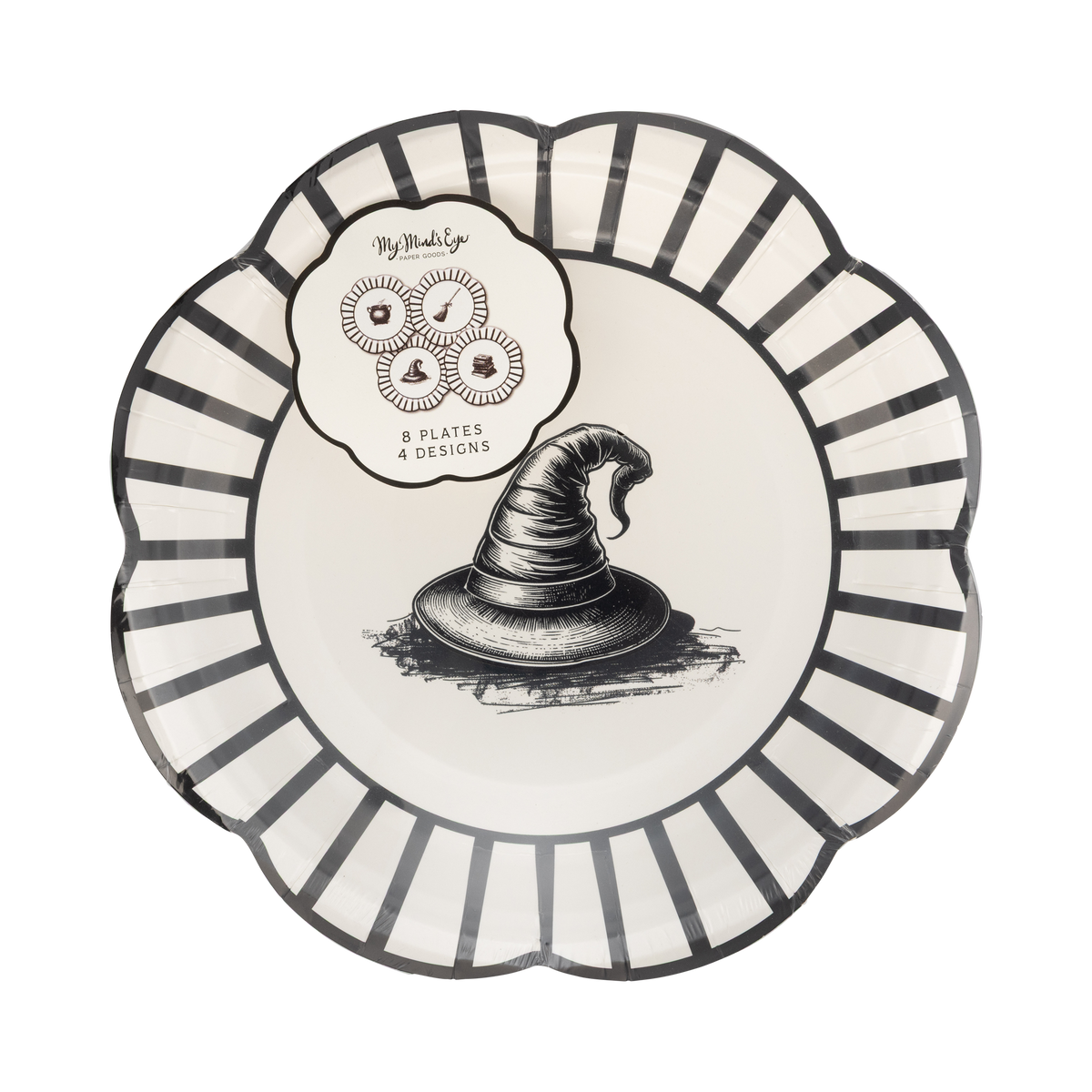 A witchy decorative plate accented by a black-and-white striped edge and a central witch hat graphic.